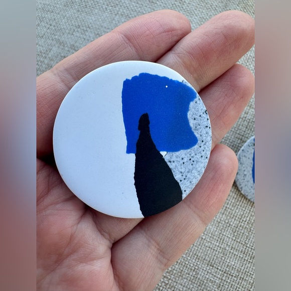 Blue & Black Abstract Polymer Clay Button Earrings - Picture 3 of 4